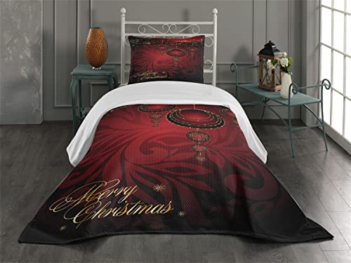 Ambesonne Christmas Coverlet, Abstract Floral Background Traditional Ornaments Lines Dots Yuletide, 2 Piece Decorative Quilted Bedspread Set with 1 Pillow Sham, Twin Size, Burgundy Yellow