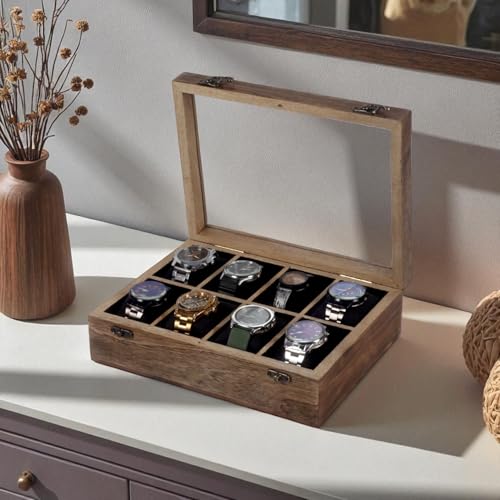 Image of Vintage Wooden Watch Box for Men, Timepiece Storage & Organizer, Display Case, Jewelry Box for Women, Gift for Husband (8 Grooves, Antique Wood)