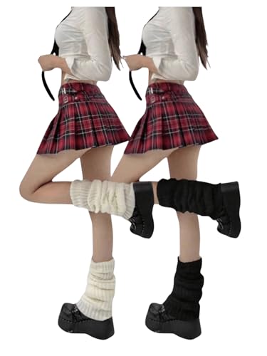 RoseSeek Women's 2 Pairs Ribbed Knit Leg Warmers Kawaii Preppy Boot Socks Y2K 80s Party Long Pile Socks Black and White One-Size