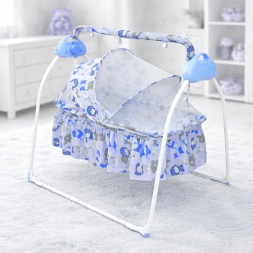 Image of Storio Automatic Baby Cradle for Newborn (0-12 Months) | Remote Control Electric Baby Jhula | 5 Swing Speeds, Music, Bluetooth & Mosquito Net | Foldable Auto Baby Swing Cradle with Timer & Lock - Blue