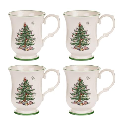 Christmas Tree Romantic Footed Mugs, 12 Oz - Set of 4
