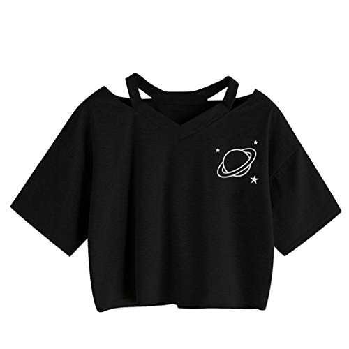 TLOOWY Women Teen Girls Cute Planet Print Summer Cut Out Shoulder Short Sleeve Crop Tops Tee Shirts Black