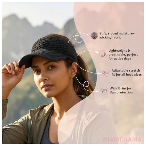 Image of Hair Drama Co. Ribbed Sun Shade Visor Cap for Women | Wide Brim Round Sun Hat for UV Protection | Summer Ribbed Beret Cap for Travelling Vacation | Visor Hat for Women & Girls