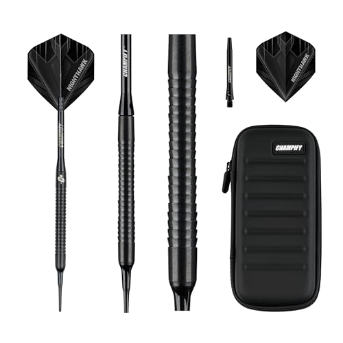 Champify® 18g Tungsten Soft-Darts Set “Nighthawk” mit Kunststoff-Spitze und schwarzer Darttasche | 3 Darts mit 9 Alu-Schäften & 9 Flights & 30 Softdart-Spitzen | Dartpfeile mit Plastik-Spitzen