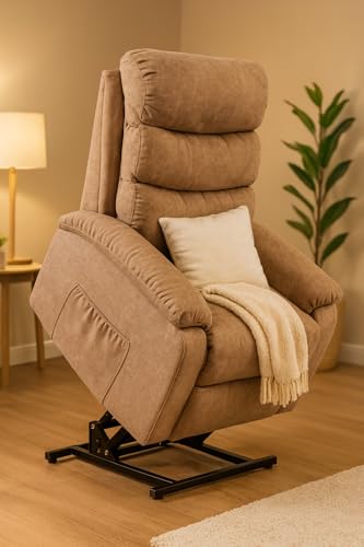 ZANGELI Riser & Recliner Chair for the Elderly Brown Fabric Power Lift Chair with Remote Control Side Pockets & Assisted Stand Function