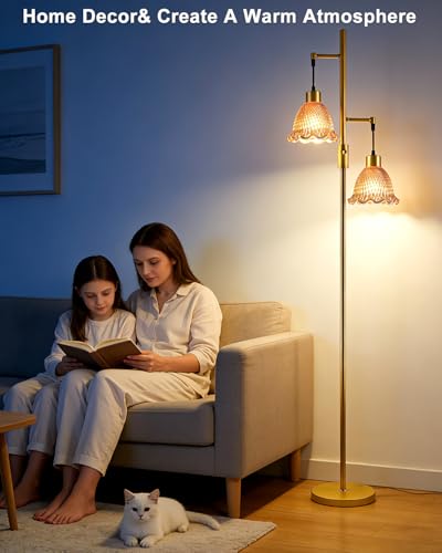 Image of Lightdot 65IN Gold Flower Floor Lamp for Living Room, 2- Light Dimmable Floor Lamps with Deep Red Glass Lampshade,3000K Warm White Modern Standing Tall Lamp with 5Lbs Heavy Base for Bedroom Sofa