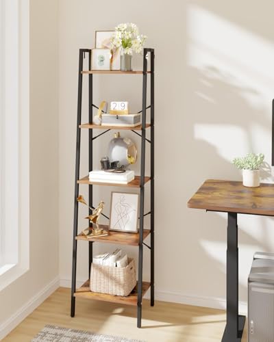 Image of Hzuaneri 5-Tier Ladder Shelf, Bookshelf Bookcase, Freestanding Corner Storage Shelves with 2 Hooks for Home Office, Living Room, Kitchen, Bedroom, Industrial, Rustic Brown and Black BC19201B