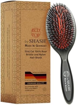 SHASH Since 1869 Hand Made In Germany - Nylon, 100% First Cut Boar Bristle Brush Suitable For Normal to Thick Hair - Gently Detangles, No Pulling or Split Ends - Softens Improves Texture, (Medium)