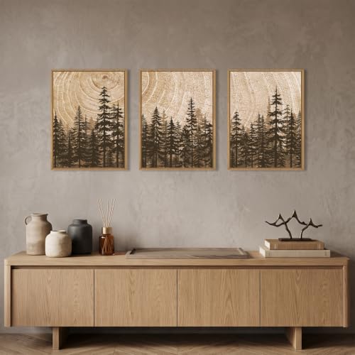 BICERE Modern Pine Tree Framed Canvas Wall Art,Natural Woodland Wall Decor,Vintage Brown Rings Painting,Neutral Forest Landscape Artwork for Living Room,Bedroom,Kitchen,Study,Office - 12"x16"x3 by BICERE - Used condition - Image 2
