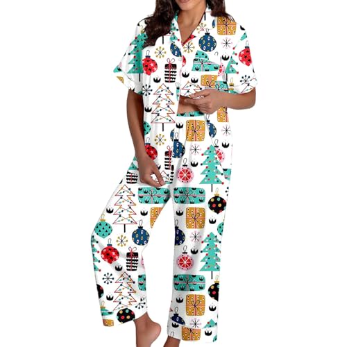 Conjunto de pijama cómodo para mujer con estampado de manga corta con botones y pantalones, ropa de dormir de satén suave para noches acogedoras de sueño y descanso (2), blanco, M
