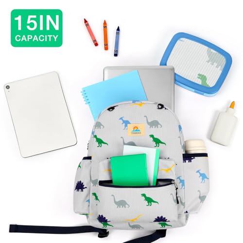 Image of STEAMEDBUN Corduroy Kids Backpack for Boys and Girls 5-8: Boys Backpack for Elementary Kindergarten - 15 inch Cute Backpacks for Kids - Dinosaur