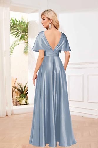 Short Sleeve Bridesmaid Dresses for Women Long Pleated Satin Formal Dress Evening Gown with Slit4