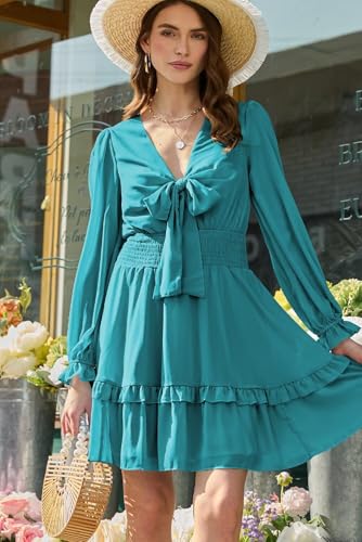 Image of Dokotoo Womens Casual Spring Fall 2025 Deep V Neck Knotted Tiered Chiffon Elegant Mini Short Swing Skater Dresses