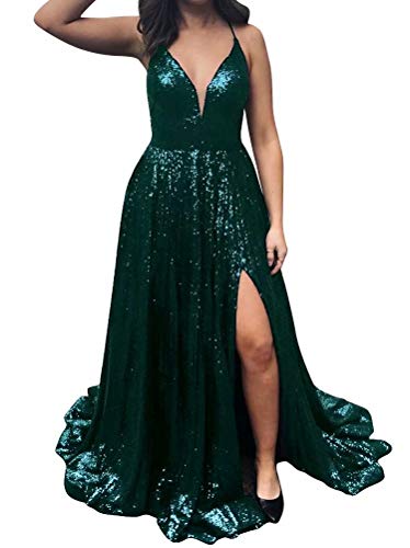 Lilibridal Women's Sparkly Sequin Cross-Back High Slit Prom Ball Gown 24W Dark Green-a