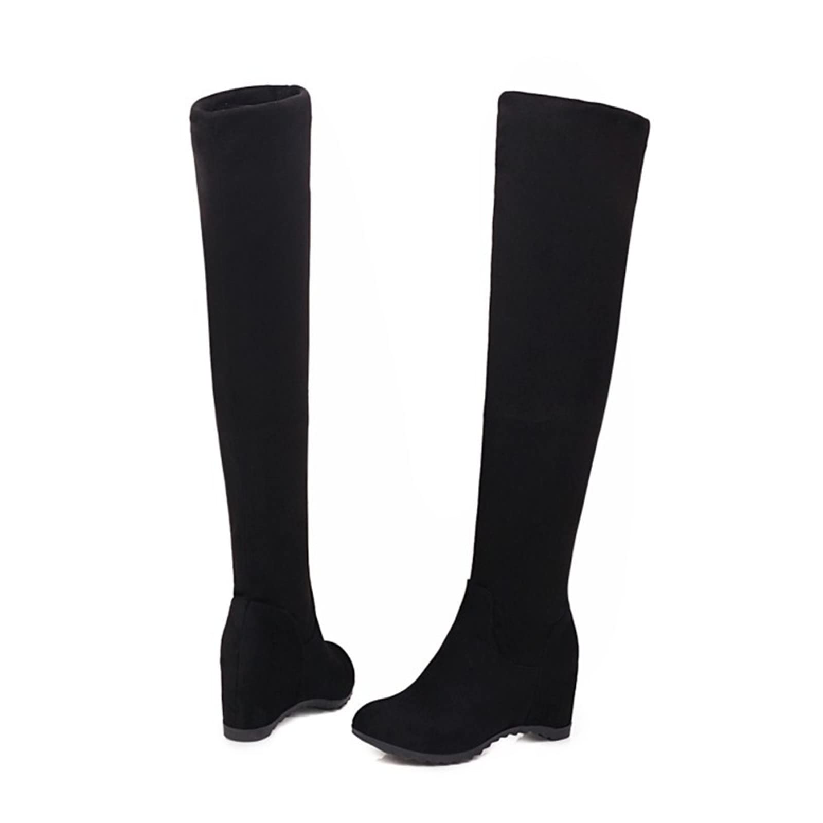 Overknees Stiefel Damen Mit Keilabsatz - Kniehoch-Stiefel Stretch Langschaftstiefel Kniehoch Wildleder-Stiefel Klassische Schlupfstiefel Rundzehe High-Heels-Stiefel Rutschfest Damenstiefel