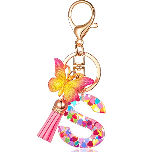 Alphabet Initial Letter Keychain Resin Letter Keychain with Tassel Gradient Butterfly Pendant Bag Pendant (S)