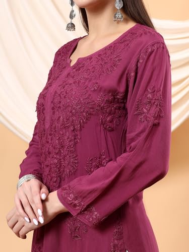 Image of POSHAK CHIKAN STUDIO Women's Hand Embroidered Lucknowi Chikankari Modal Straight Long Kurta, heer