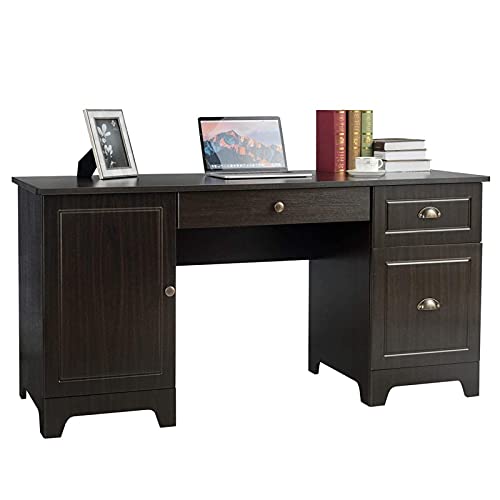 Tangkula Computer Desk with Drawers & Cabinet, Wooden Executive Desk Home Office Desk, Writing Study Desk Computer Workstation, PC Laptop Desk for Bedroom & Office (Brown)