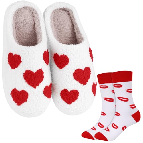 Geyoga Valentine's Day Slippers for Women Heart Slippers with Soft Warm Socks Winter Fuzzy Heart Warm Gift
