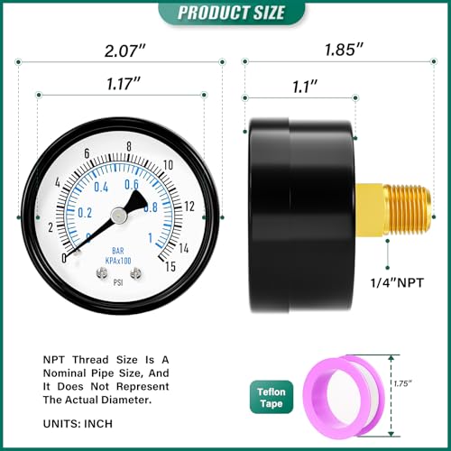 Image of 0-15PSI Well Pump Pressure Gauge 2 inch Dial Size, 1 /4 inch NPT Back Mount, 3-2-3% Accuracy, for Tube, Water Pump, Gas, Liquid, Pressure Test