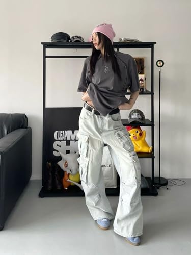 Y2K Hip Hop Jean Pants Baggy Cargo Wide-Leg Jeans Grunge Loose Fit Denim Pants with Multiple Pockets2