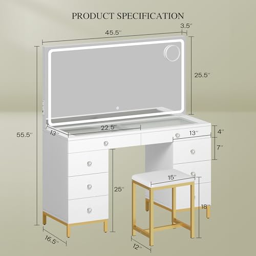 DWVO Vanity Desk with Mirror and Lights, Large Vanity Set with Charging Station, Makeup Table with 8 Drawers, Dimmable 3 Lighting Colors, Makeup Desk for Bedroom and Dressing Room, White