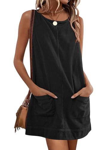 Caracilia Women Fall Dress 2025 Corduroy Overall Pinafore Skirtall Jumper Dresses with Pockets Black Small