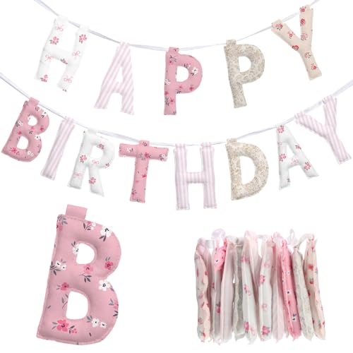 Suncalla Pre-strung Happy Birthday Banner Sign Reusable Felt Happy Birthday Garland Hanging Decorations Party Bunting Garland for Party Decor Photo Prop Home Backdrop(Floral)