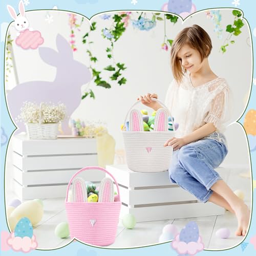 Image of Colingmill 2 Pieces Easter Bunny Basket with Handle Woven Empty Rabbit Basket for Easter Egg Hunt Cute Candy Gifts Storage Party Favors Supplies(White, Pink)