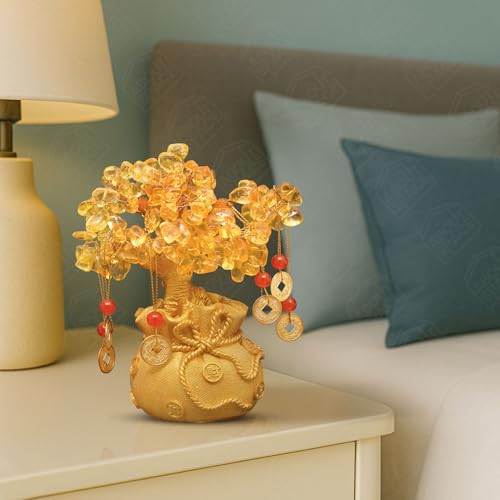 ABOUT SPACE Lucky Feng Shui Citrine Tree of Life Bonsai - Gold Crystal Ornaments with 6 Hanging Coin Charms for Health, Wealth and Happiness - Table Decor, Living Room, Office (7 x 3 inch)