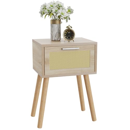 YMYNY Rattan Nachttisch, Beistelltisch, Boho-Nachtschrank mit...