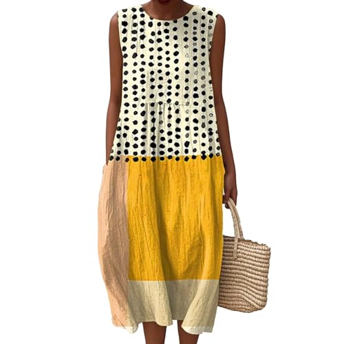 Musselin Kleid Damen Falten Leinen Sommerkleid Boho Rundhals Leichte Luftige Knielang Strandkleid Baumwolle Bedrucktes Ärmellos Kleid A Linie...