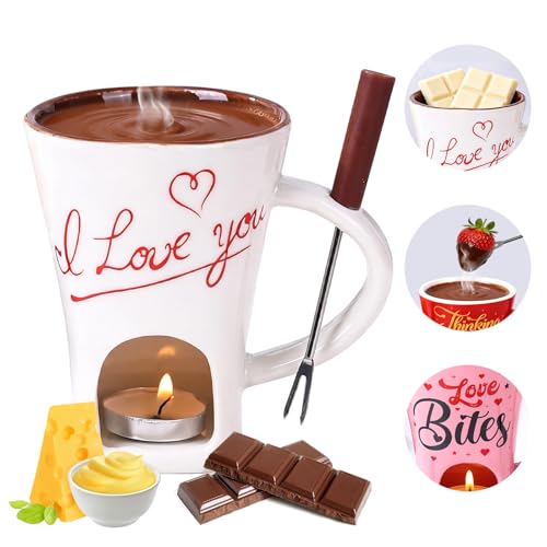 Kivomorn Chocolate Fondue Gift Set - Ceramic Mug with Fork & 2 Tealights for Melting Chocolate, Cheese, Candy | Valentine‘s, Birthday Present, Anniversary Gift for Date Night (White)