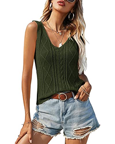 Image of Soulomelody Womens Summer V Neck Tops Knitted Sleeveless Tank Top Cable Knit Sweater Vest Casual Solid Tee Shirts