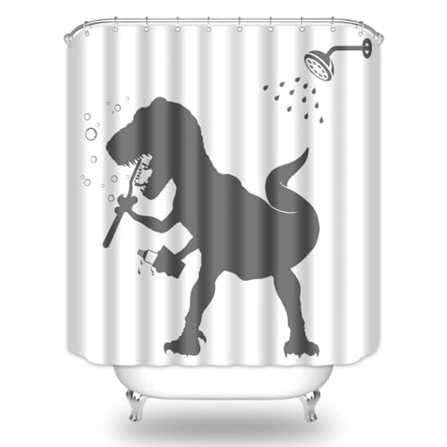 Image of Dinosaur Shower Curtain Funny Dino for Kids Boys Bath Curtain Trex Silhouette Animal Shadow Cartoon Black White Bathroom Waterproof Polyester Fabric 72Lx72W Inch with Hooks