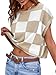 Saodimallsu Womens Cap Sleeve Crop Tops Summer Color Block Going Out Crew Neck Knit Trendy Casual Sweater
