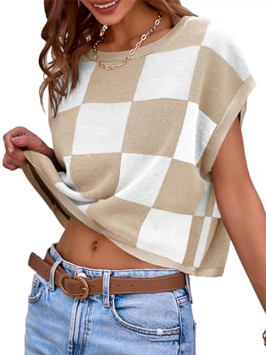 Image of Saodimallsu Womens Cap Sleeve Crop Tops Summer Color Block Knit Sweater