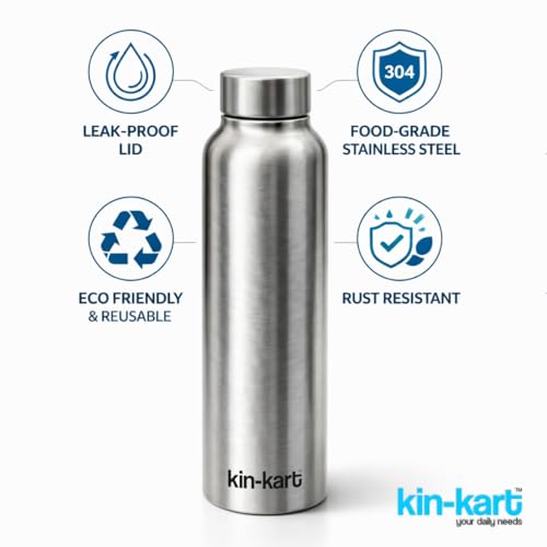 Image of Kin-Kart Water Bottles 1000 ml Stainless Steel Water Bottle 1 Litre | Eco friendly Steel BPA Free Leakproof Water Bottles for School, Office, Home, Gym (MOZER, SILVER)