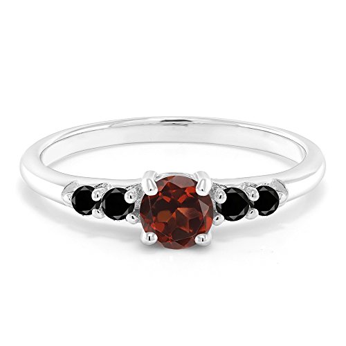 Gem Stone King 925 Sterling Silver Round Red Garnet and Black Diamond Engagement Ring For Women (0.73 Cttw, Available 5,6,7,8,9)2