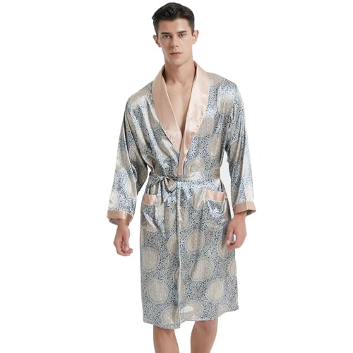 Haseil Men's Luxurious Kimono Robe with Shorts Silk Satin Bathrobes Lightweight Long Sleeve Sleepwear Set4