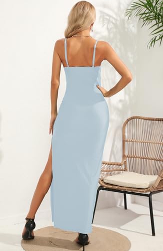 Image of Aigeman Women Spaghetti Straps Cowl Neck Maxi Dress Bodycon Formal Dresses Ruched High Slit Cocktail Party Dress 60