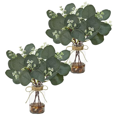 2 Packs Artificial Eucalyptus in Glass Vase with Faux Water Stone,DarkGreen