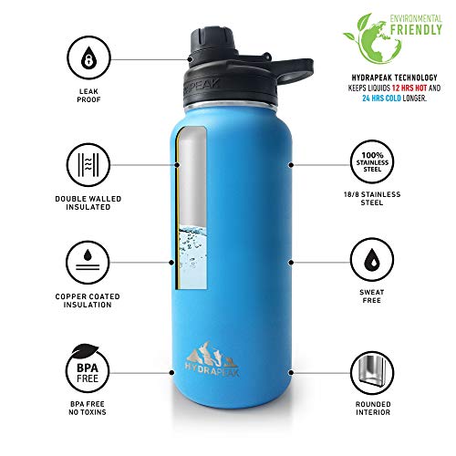 Hydrapeak BPA-Free Water Bottle, 32 oz. Vacuum Insulated Stainless Steel Thermos, Tumbler with Wide Mouth Flask and Leak-Proof Sport Spout Chug Lid Cap - Black - Thumbnail 6