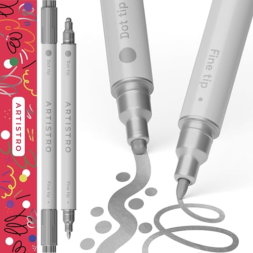 ARTISTRO Acrylic Paint Pens Dual Tip Acrylic Marker Pens for Fabric Canvas Rock Glass Wood Paper DIY Kids and Adults 2 Silver (Fine 1mm + Dot 5mm)
