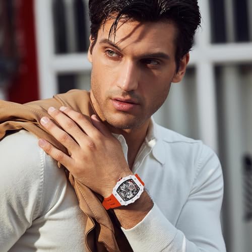 Image of TSAR BOMBA Men's Automatic Watch Tonneau Luxury Skeleton Watches for Men Mechanical 50M Waterproof Analogue Watches Mens Unique Cool Square Big Face Dial Wristwatch with Silicone Strap Band