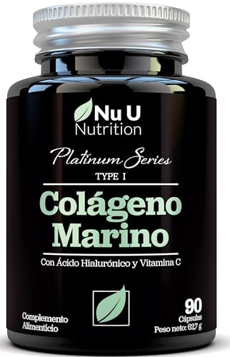 Colageno Marino y Ácido Hialurónico - 90 Cápsulas - Complejo de Colágeno Hidrolizado Puro Tipo I con Vitaminas C, E y Minerales - Suministro Para 1 Mes - Fabricado en Europa - Nu U Nutrition