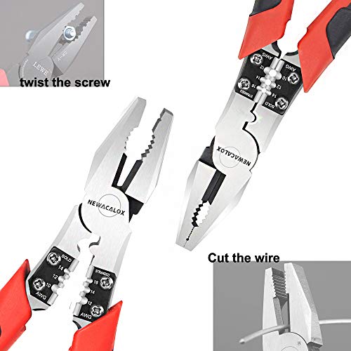 Lineman's Pliers, Combination Pliers with Wire Stripper/Crimper/Cutter Function, Heavy Duty Side Cutting High-Leverage Plier, 8 inch NEWACALOX Red