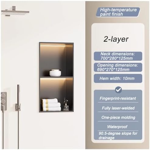 Modern Recessed Stainless Steel Shower Niche with LED Light Strip – Stylish Bathroom Storage & Organizer for Showers, Kitchens & Living Rooms (Black, 320x320x125 mm)
