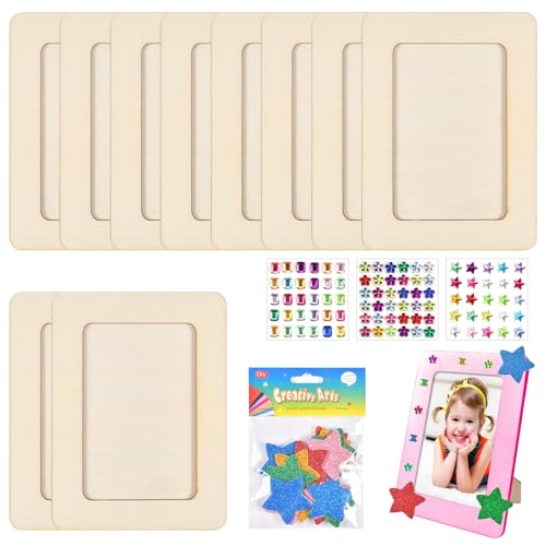 Tearmier 10Pcs Picture Frame Craft Set, Wooden Art Frame Set with Glitter Stickers and Glitter Stones, Kids DIY Picture Craft Frame to Decorate, Rectangular Craft Frame for DIY Paint Decorate
