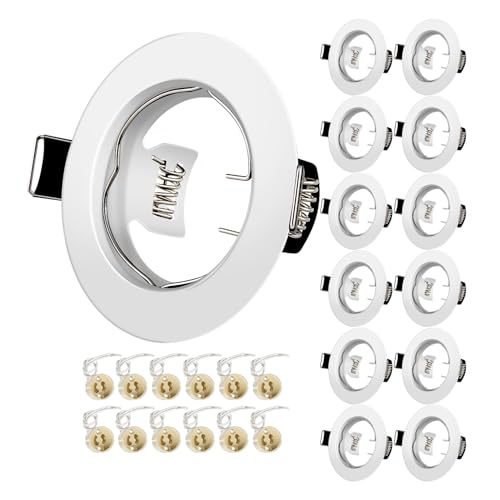 Marco Foco Empotrable, Blanco Redondo Metálica, Incl. Zócalo GU10 Para Lámparas, Agujero 55-70mm, Para Lámparas De Led O Halógena, Marco Empotrado Ojo de Buey, Para Baño Sala Cocina, etc.,12 Pack
